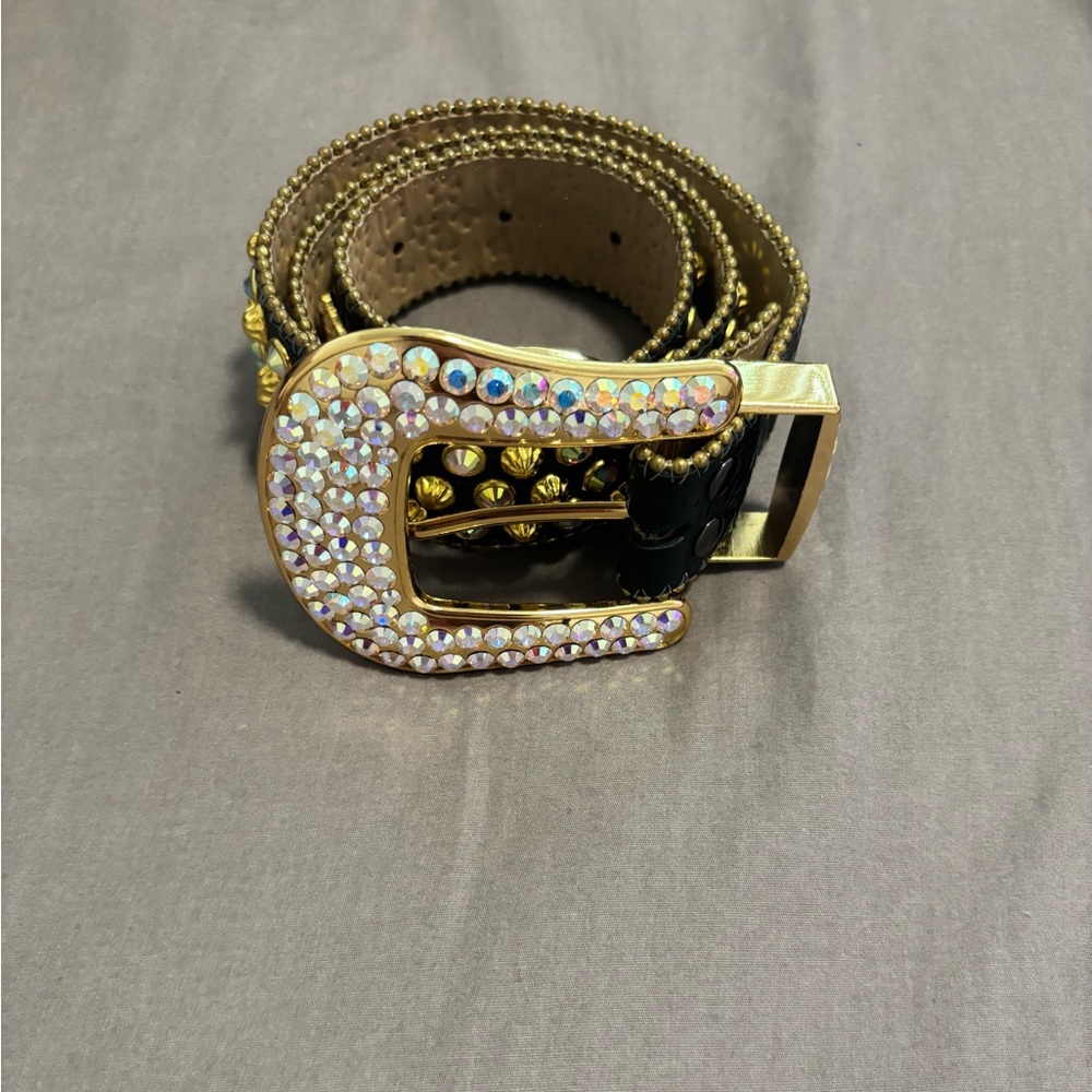 B.B. Simon Gold and Black Studded Belt with Rhinestone Buckle